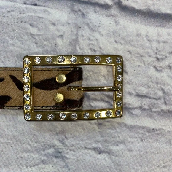 B.B. Simon Cheetah Print Leather Calf Hair Textured Gold Buckle Belt S - Picture 3 of 6